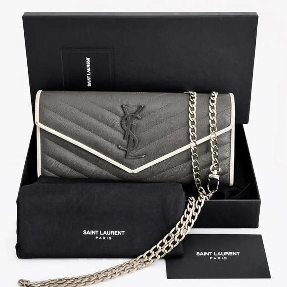 Saint Laurent YSL Cassandre Chevron Quilted Grey Leather Long Wallet W/ COA - Picture 1 of 15